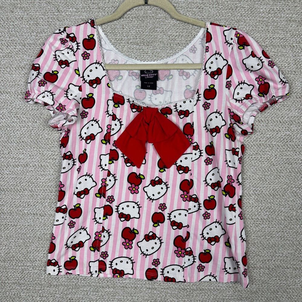 Hello Kitty Pink‎ Striped Blouse Top Medium Apples Flowers Bow AOP